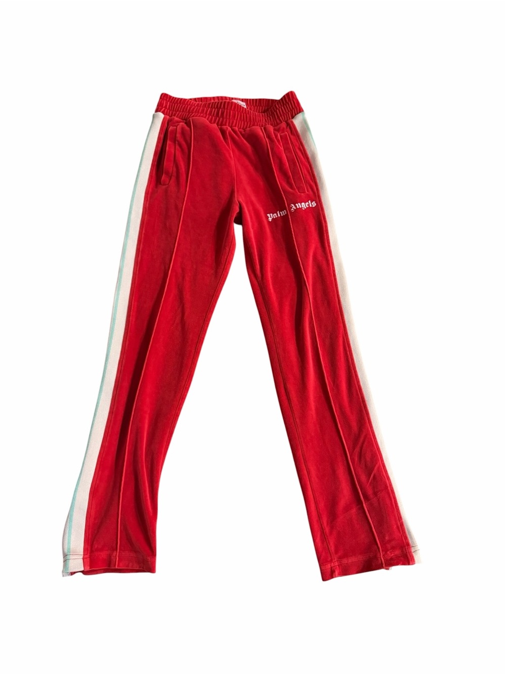Palm Angels Men’s Red Velour Track Pants with White Side Stripes